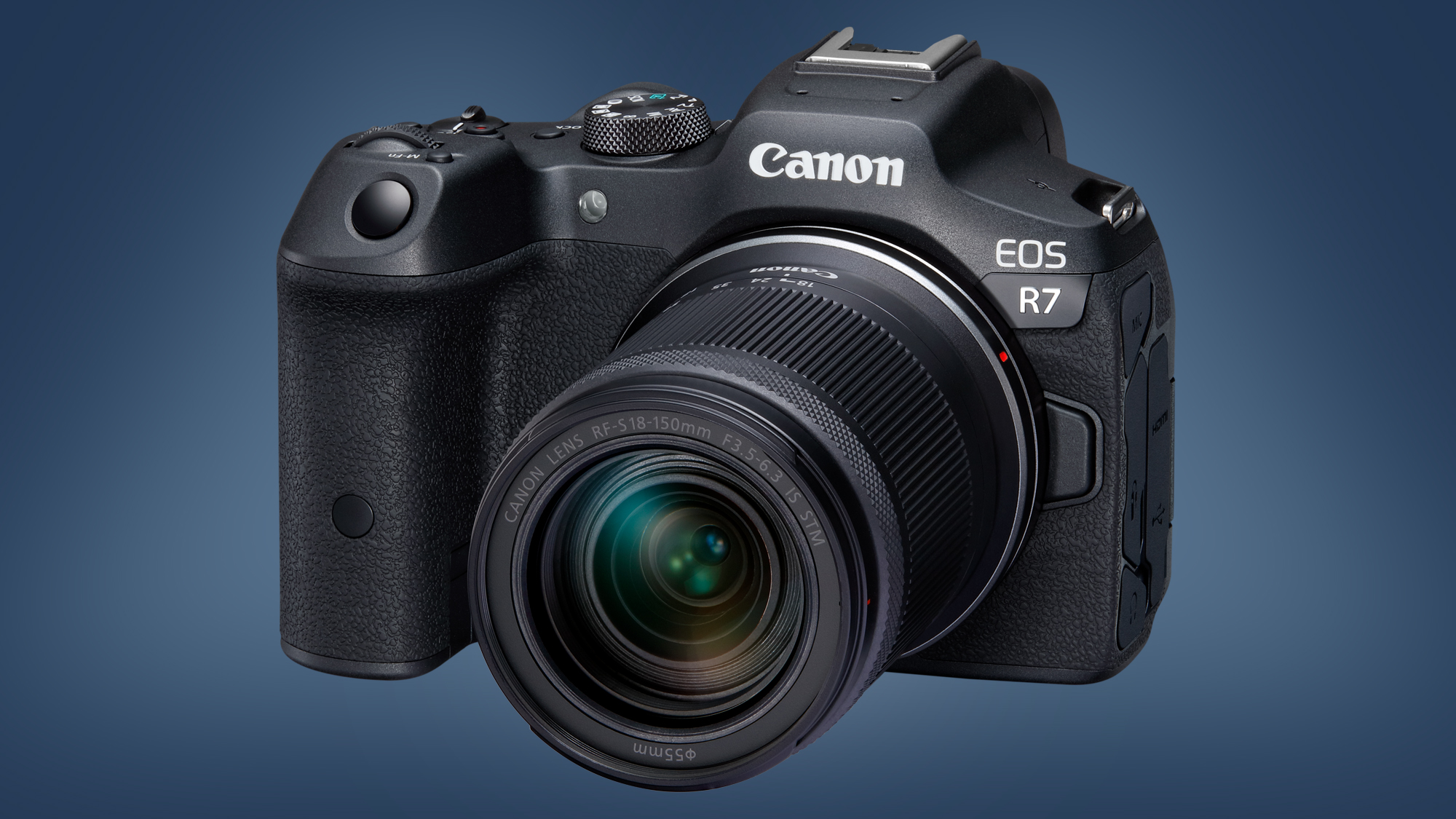 The Canon EOS R7 camera on a blue background