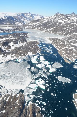 Fiord choked with melting sea ice and icebergs in East Greenland, during the month of June.