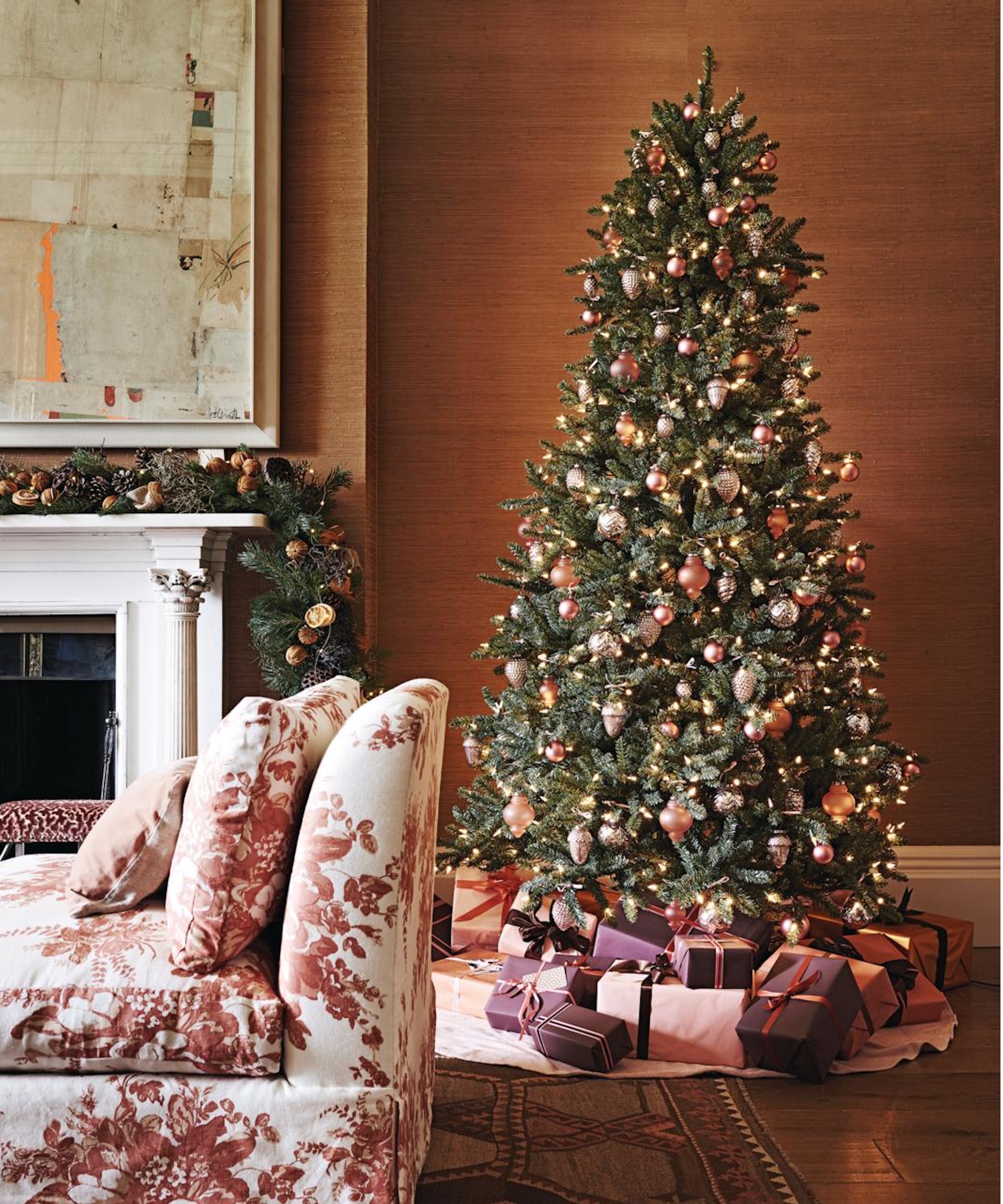 Christmas tree in warm-toned living room