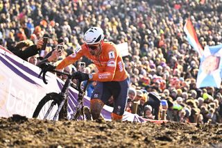 Mathieu Van Der Poel solo during the elite men's race at the UCI Cyclo-cross World Championship in Lievin