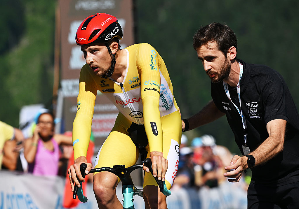 STOCKHUTTE, SWITZERLAND - JUNE 22: Kevin Vauquelin of France and Team Arkea - B&B Hotels- Yellow leader jersey reacts after the 88th Tour de Suisse 2025, Stage 8 a 10km individual time trial stage from Beckenried to Stockhutte 1268m / #UCIWT / on June 22, 2025 in Stockhutte, Switzerland. (Photo by Tim de Waele/Getty Images)