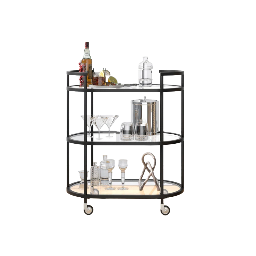 drinks trolley with three shelves and matt black rim