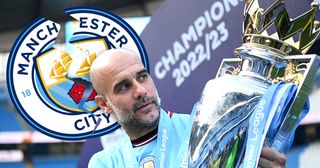 Manchester City manager Pep Guardiola celebrates with the Premier League trophy following the Premier League match between Manchester City and Chelsea FC at Etihad Stadium on May 21, 2023 in Manchester, England.