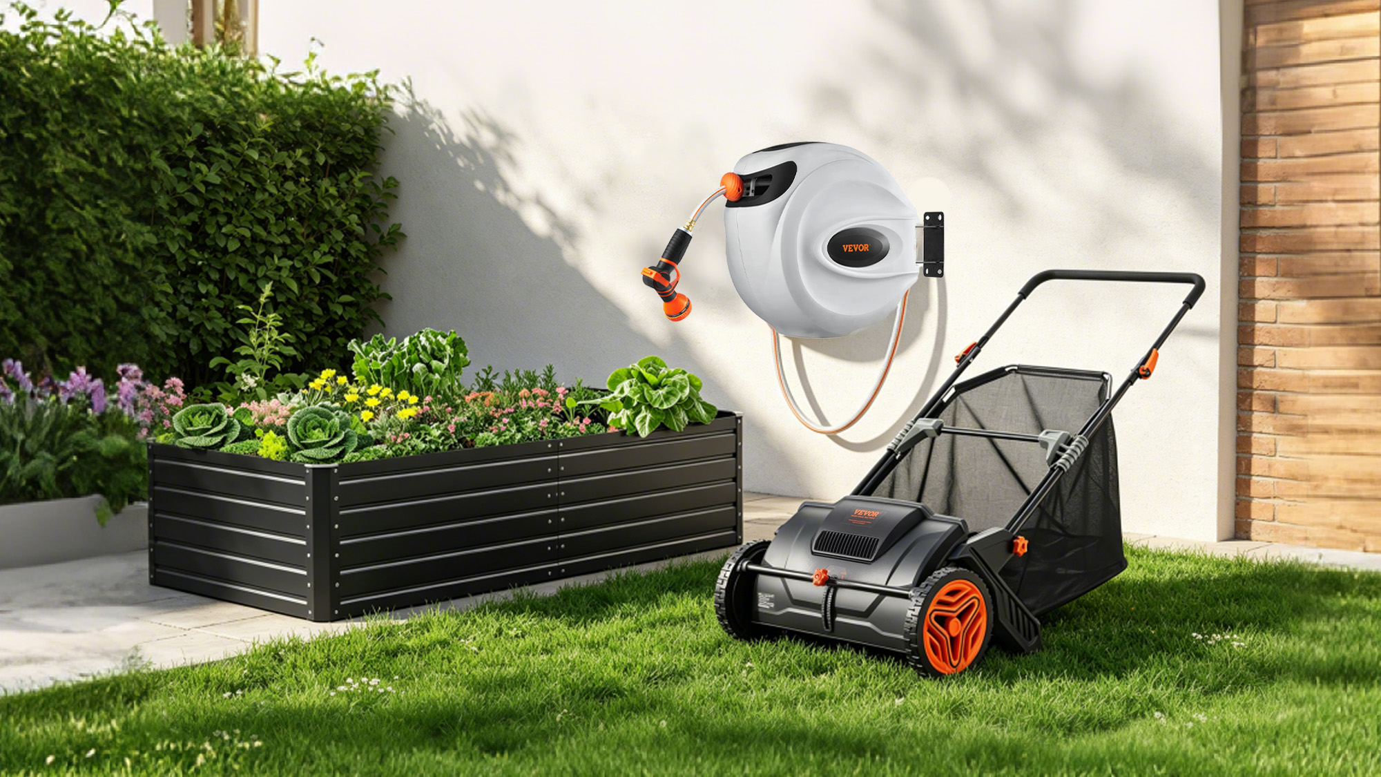 Vevor lawnmower in garden