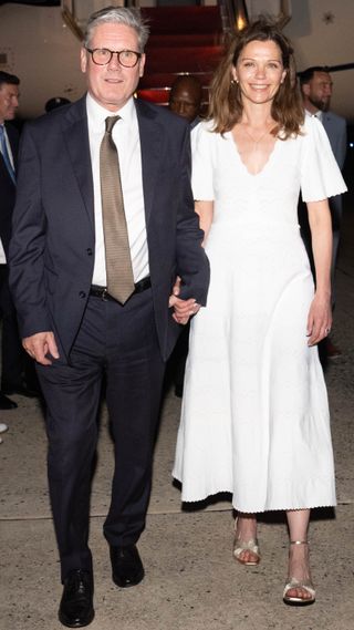 British Prime Minister Sir Keir Starmer and his wife Victoria disembark from their plane at Joint Base Andrews to attend a NATO summit on July 10, 2024