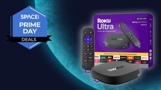 The Roku Ultra Streamer in black infront of its purple product box, next to the remote control on a blue planet background with the space.com logo in the top left