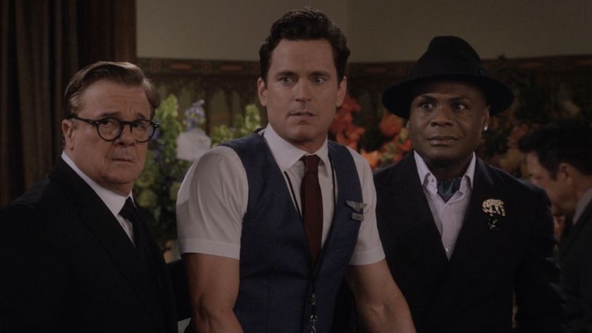 The three stars of Mid-Century Modern checking out a guy at a funeral