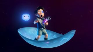 Elio looks shocked as he flies through space.