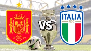 The Spain and Italy club badges on top of a photo of the Euro 2024 trophy and match ball