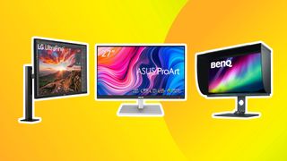 Three of the best USB-C monitors on a yellow background