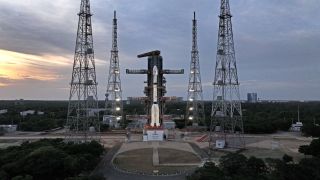 An Indian GSLV Mark II rocket topped with the EOS-05 Earth-observation satellite stands on the pad before its planned Sept. 3, 2026 launch.
