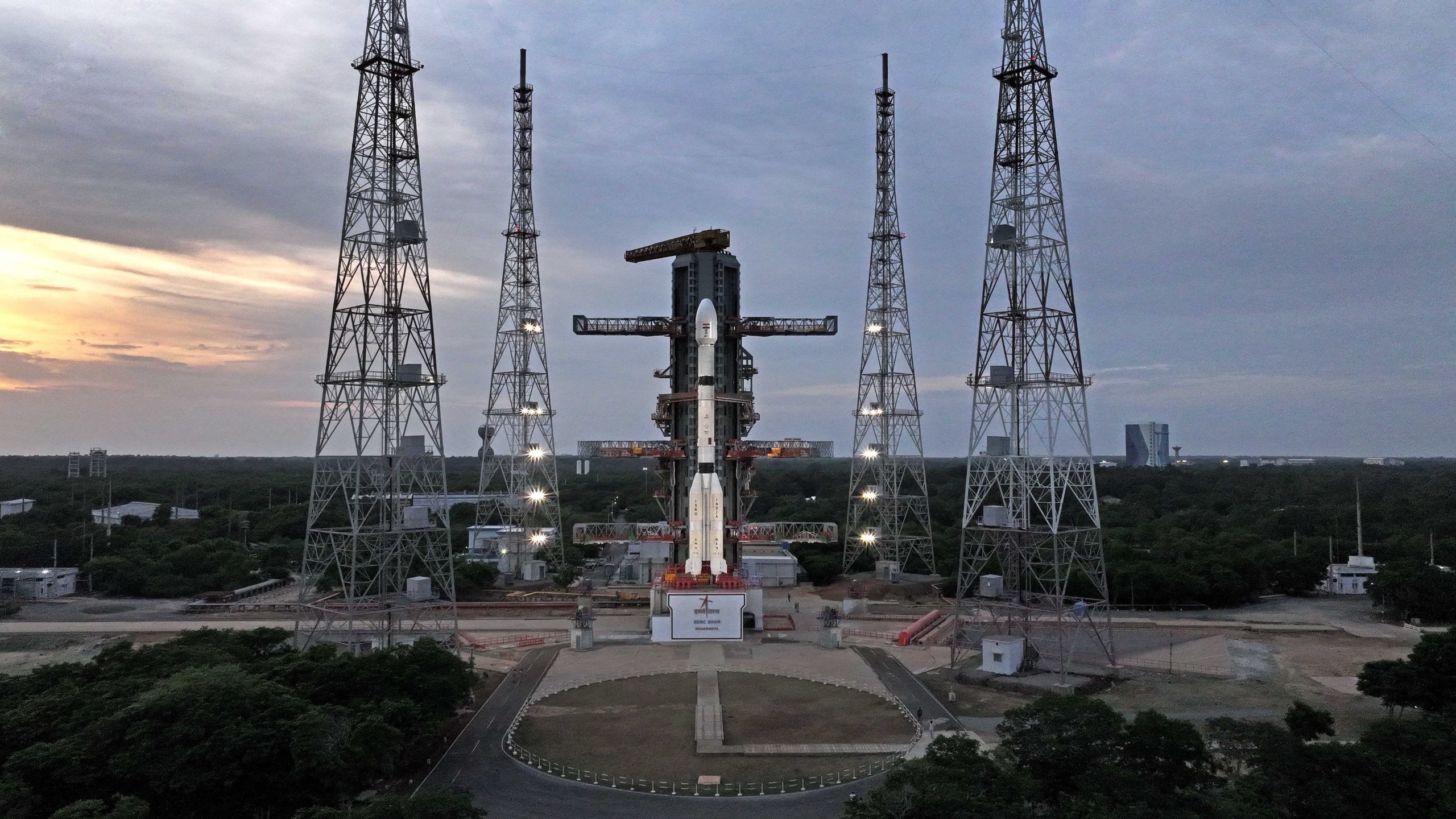 An Indian GSLV Mark II rocket topped with the EOS-05 Earth-observation satellite stands on the pad before its planned Sept. 3, 2026 launch.
