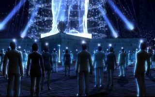 A shot from Deus Ex: Invisible War showing people in front of the Statue of Liberty.