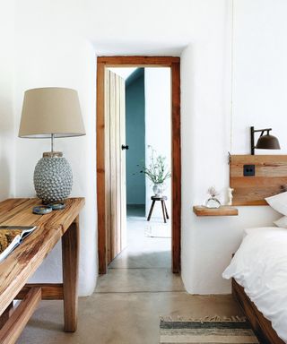 Wooden door and hanging bedhead, shelf