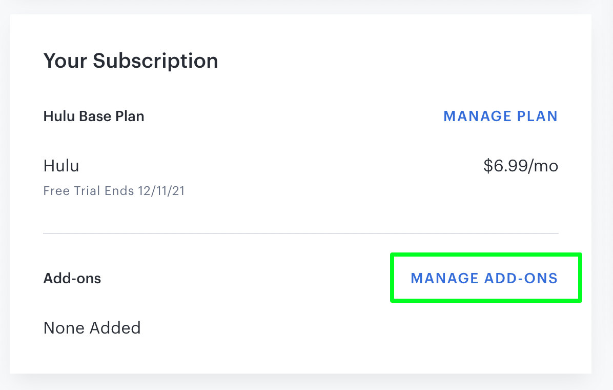 Manage add-ons in Hulu account settings