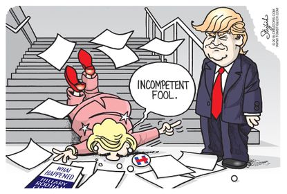 Political cartoon U.S. Hillary Clinton GDP gaffe libel hypocrisy