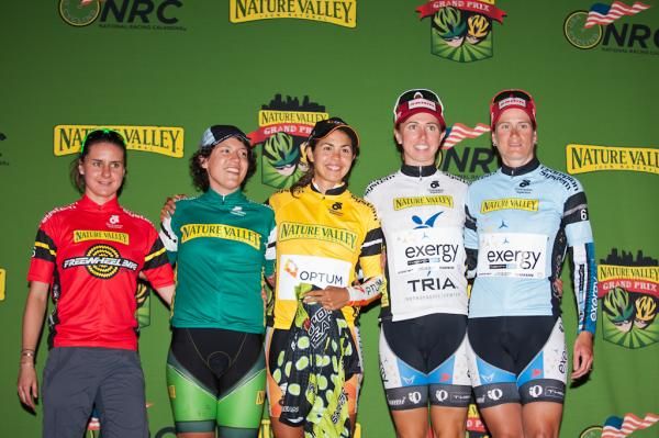 The Women's Jerseys: Freewheel Bike Most Aggressive - Megan Guarnier (Team TIBCO), Nature Valley Top Amateur - Brianna Walle (Nature Valley Cycling Team), Nature Valley Race Leader/Sport Beans Queen of the Hill Leader - Carmen Small (Optum p/b Kelly Benefit Strategies), Tria Best Young Rider - Jackie Crowell (ExergyTWENTY12), Exergy Sprint Leader - Theresa Cliff Ryan (ExergyTWENTY12).