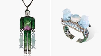 Left, figure drawn in green precious stones on a necklace and right, bracelet of blue stones and diamonds