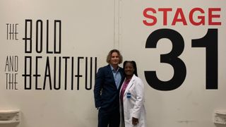 Matt and Cirie from Big Brother 25 pose on the set of The Bold and the Beautiful