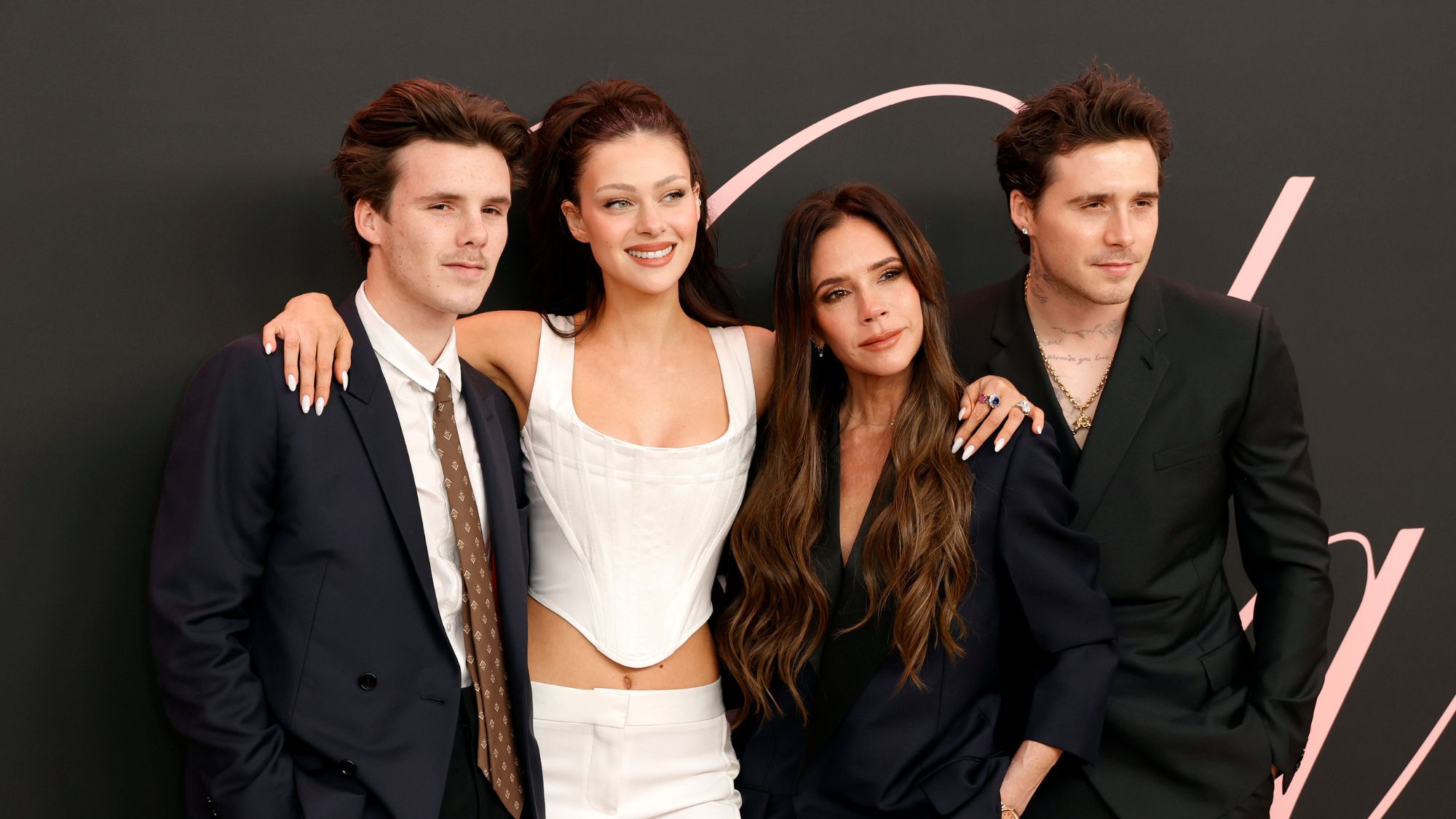 Cruz Beckham, Victoria Beckham and Nicola and Brooklyn Peltz Beckham at the premiere of 'Lola'