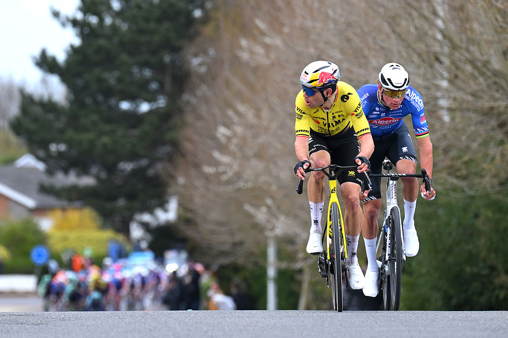 WEVELGEM, BELGIUM - MARCH 29: (L-R) Wout van Aert of Belgium and Team Visma | Lease a Bike and Mathieu van der Poel of Netherlands and Team Alpecin-Premier Tech compete in the breakaway during the 88th In Flanders Fields - From Middelkerke to Wevelgem 2026 - Men&amp;amp;apos;s Elite a 240.8km one day race from Middelkerke to Wevelgem / #UCIWT / on March 29, 2026 in Wevelgem, Belgium. (Photo by Tim de Waele/Getty Images)