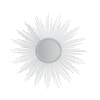 A silver sunburst mirror with a round silver circle in the middle