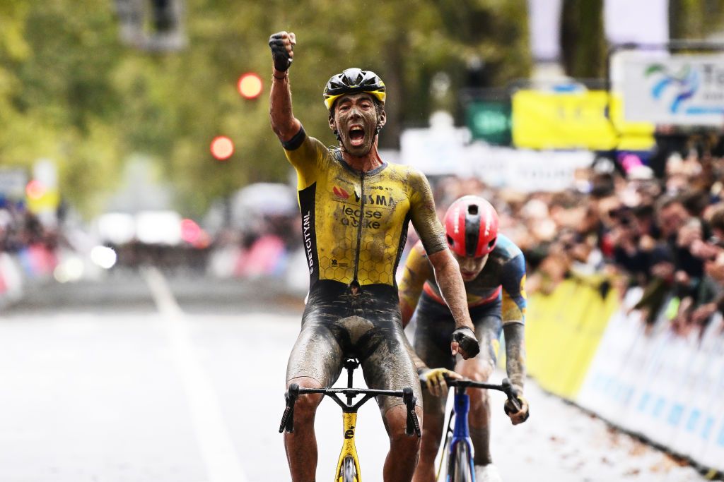 TOURS FRANCE OCTOBER 06 Christophe Laporte of France and Team VismaLease A Bike celebrates at finish line as race winner during the 118th Paris Tours 2024 a 2138km one day race from Chartres to Tours on October 06 2024 in Tours France Photo by Bruno BadeGetty Images