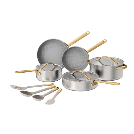 Beautiful 12-Piece Hybrid Tri-Ply Stainless Steel Cookware Set, Ceramic Nonstick Pots &amp;amp; Pans With Glass Lids &amp;amp; Kitchen Utensils by Drew Barrymore