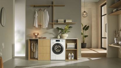 Washing machine, wooden shelves, hanging shirts, window 