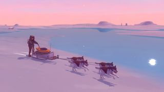 A researcher rides a dogsled across a polar expanse at sunset in Arctico.