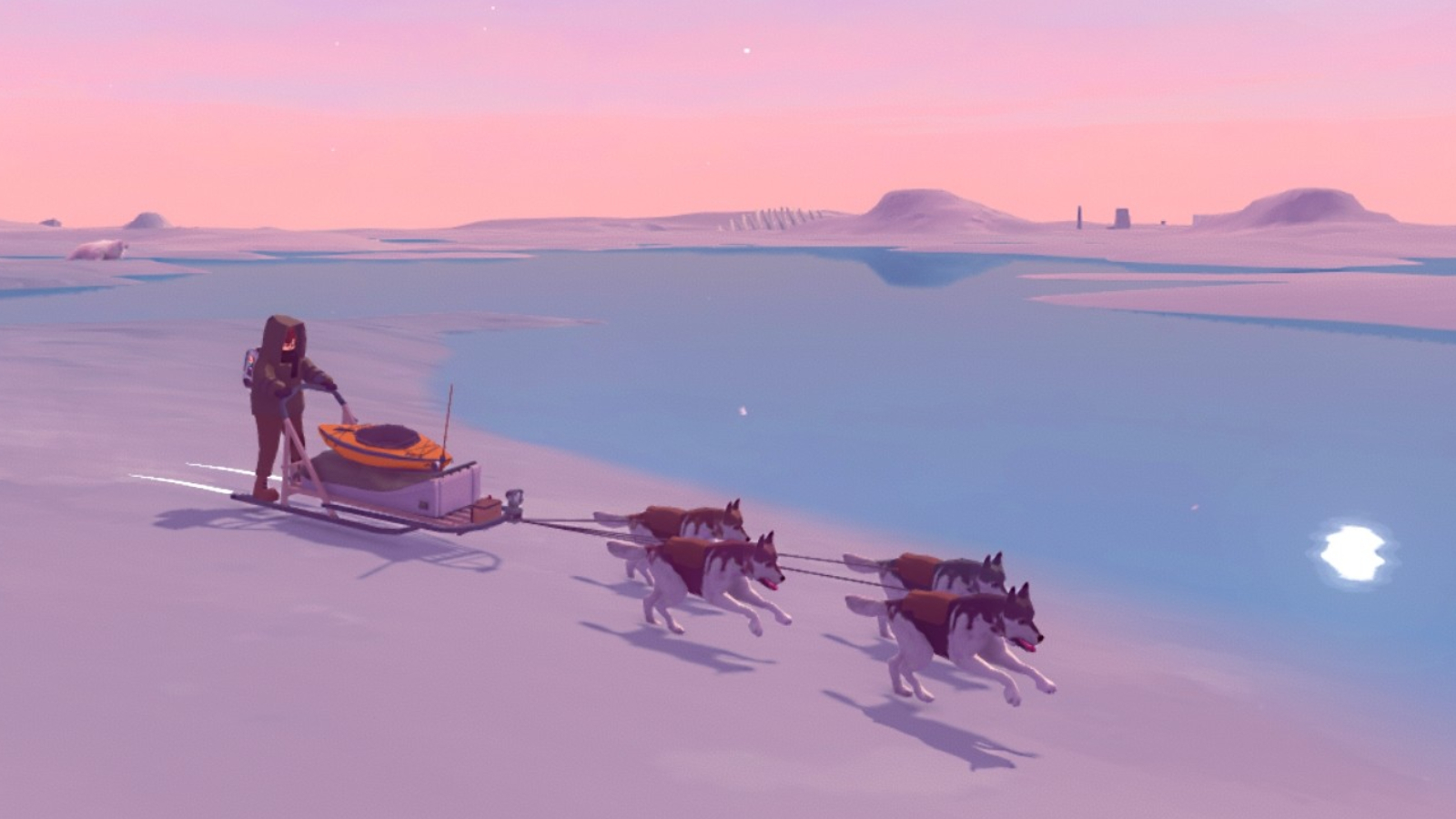 A researcher rides a dogsled across a polar expanse at sunset in Arctico.