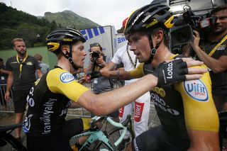 Steven Kruijswijk and Primoz Roglic congratulate each other for a job well done after stage 19 at the Tour de France