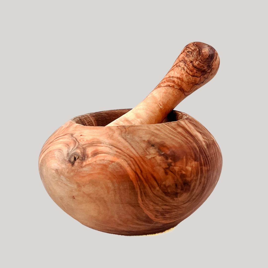Olive Wood Pestle &amp;amp; Mortar Set - Small against pale grey background.