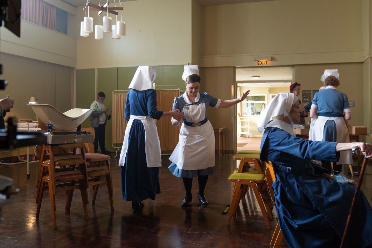 Sister Frances (ELLA BRUCCOLERI), Nancy Corrigan (MEGAN CUSACK) in Call the Midwife Christmas 2022