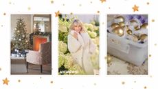 Compilation image of Christmas decorations and Ruth Langsford in a white faux fur coat
