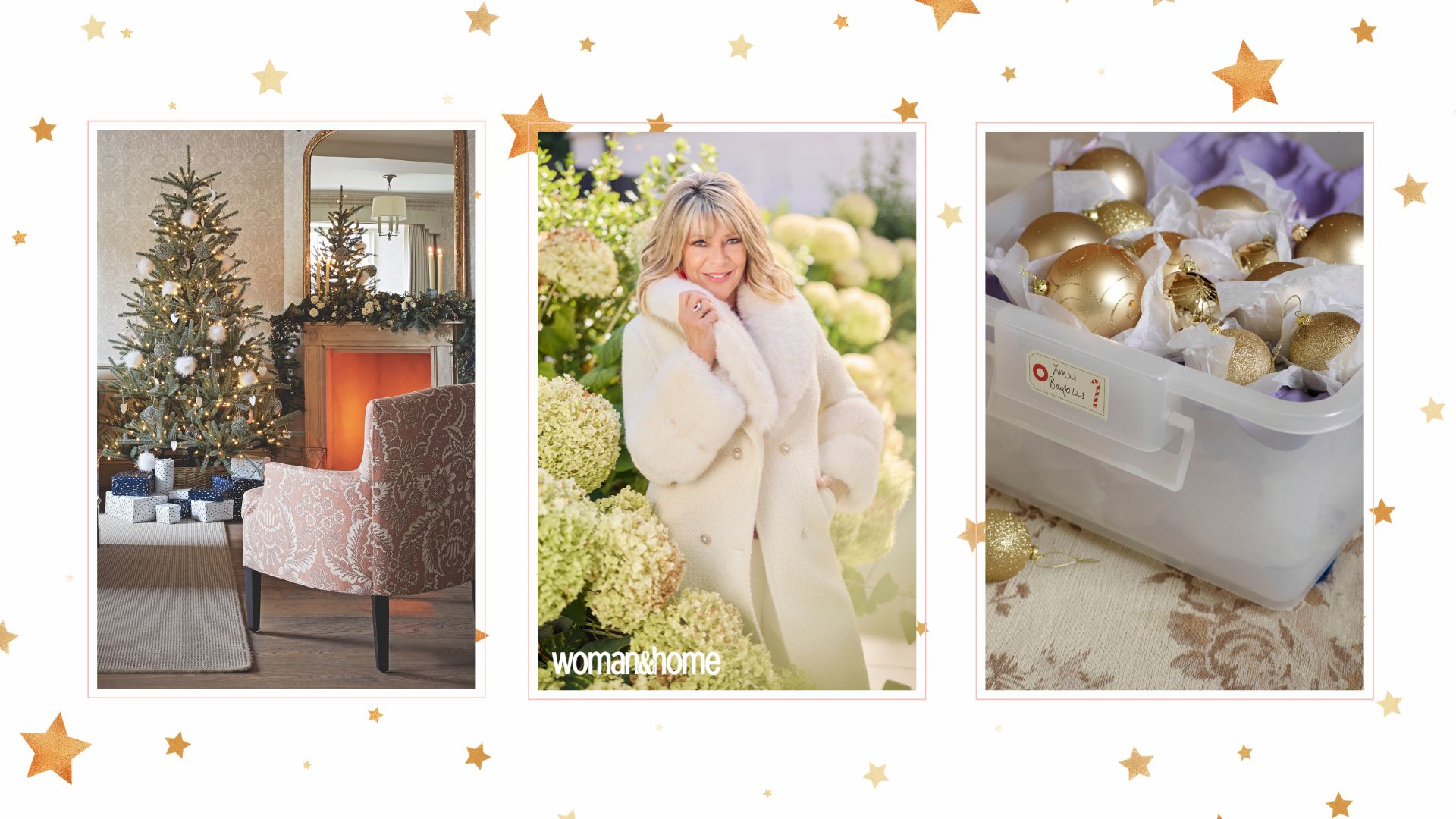 Compilation image of Christmas decorations and Ruth Langsford in a white faux fur coat