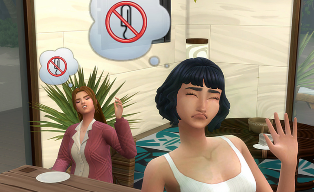 Two female Sims pulling disgruntled faces, with thought bubbles above their heads showing a tampon with a red cross through it.