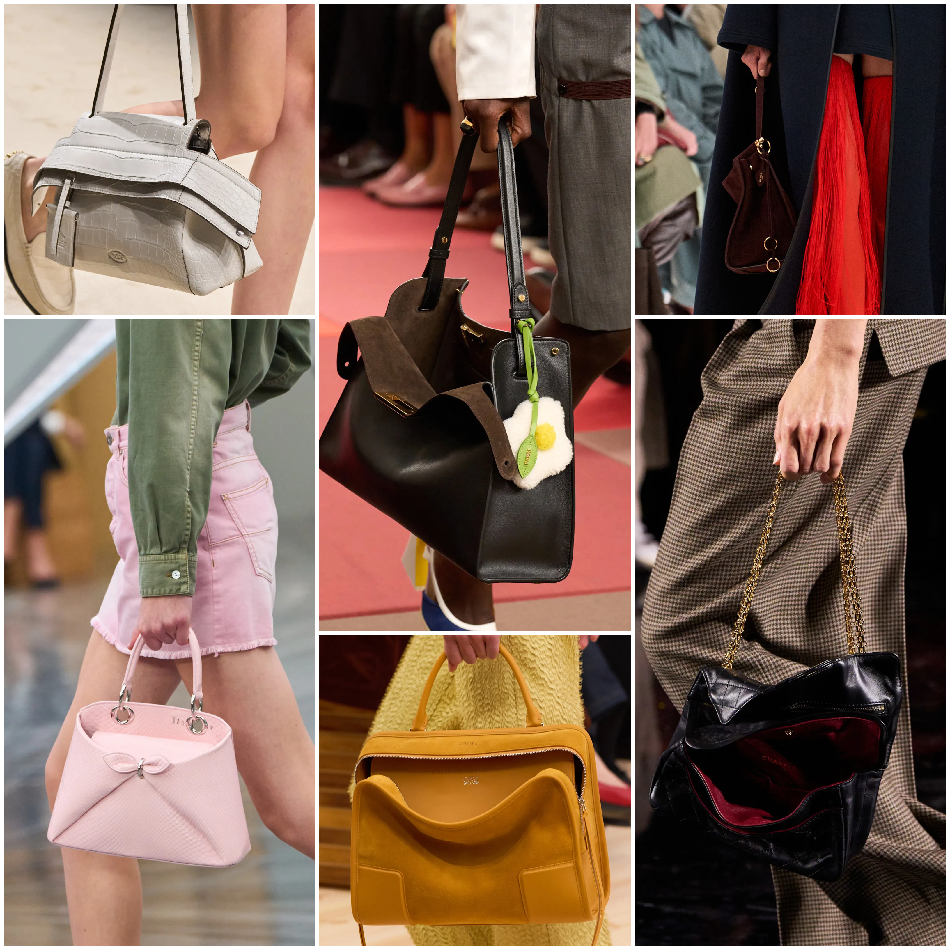 spring 2026 bag trends, open and off-kilter at Tod's, Fendi, Loewe, Dior, Ala&amp;iuml;a, and Chanel