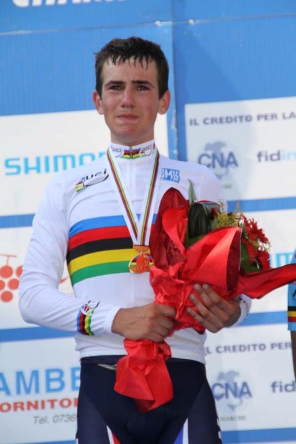 An emotional Olivier Le Gac (France) atop the podium for the junior men's road race
