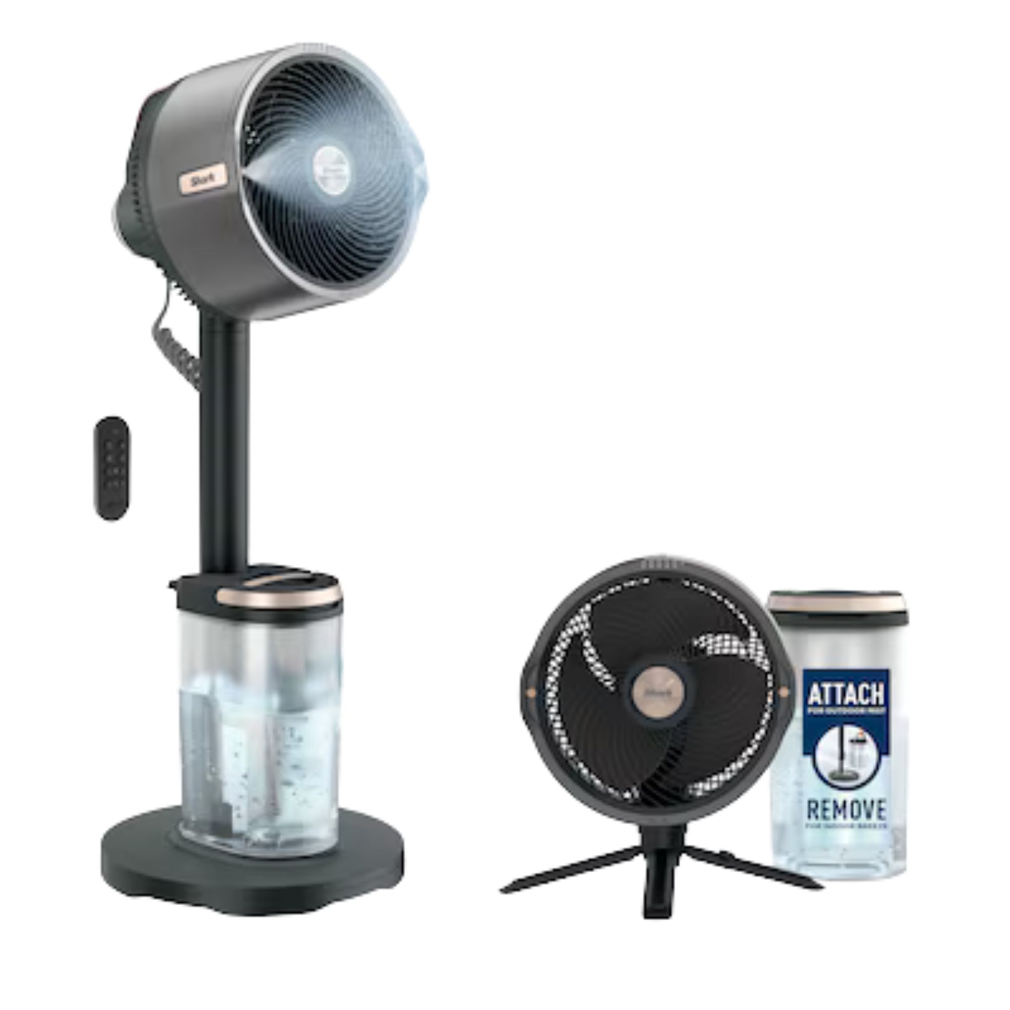 Shark Breeze indoor/outdoor fan shown with water spray attachment, and detached from stand to be used as a floor fan
