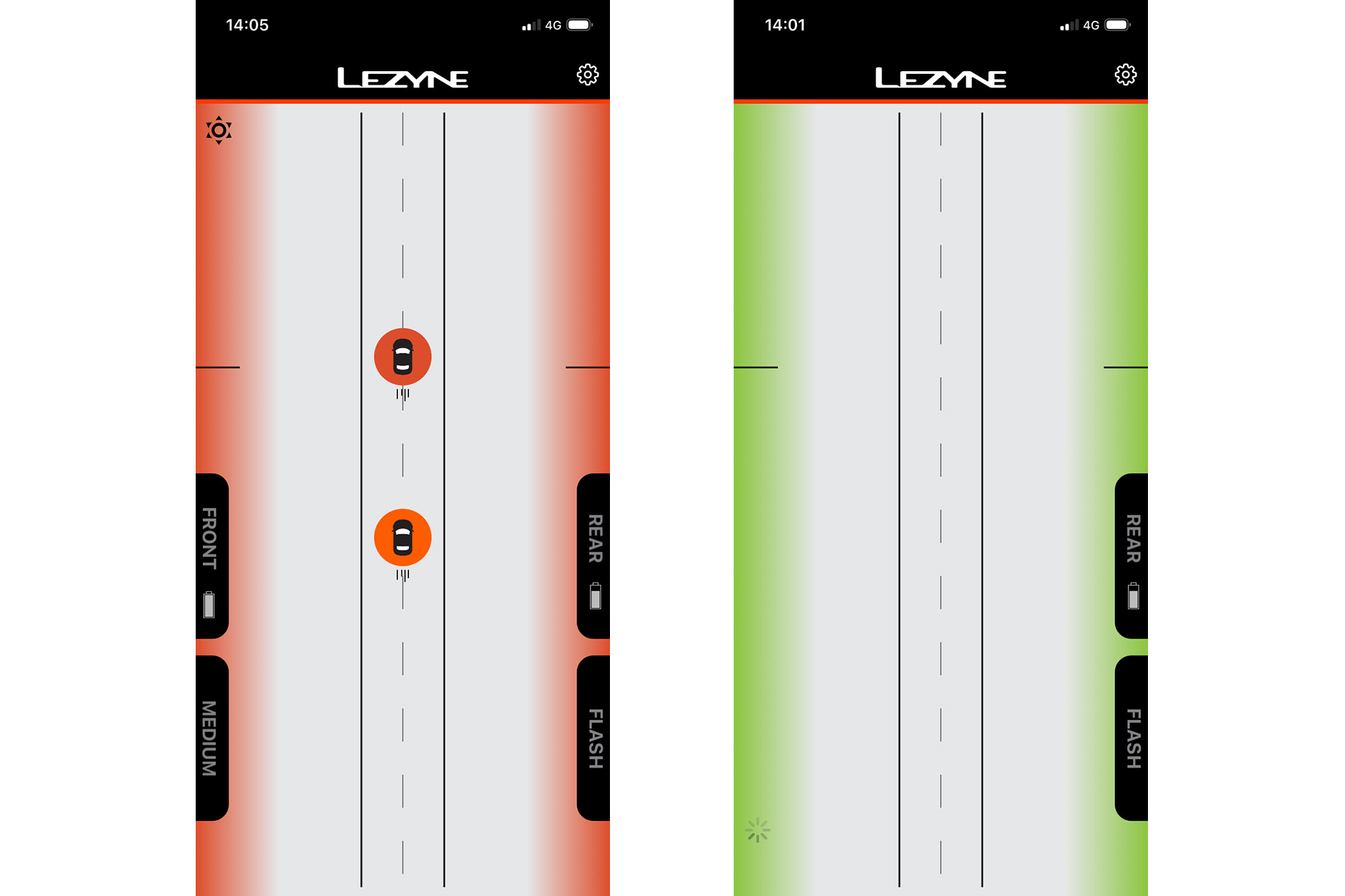 Lezyne Ally app radar pages. Threat screen shown on the right, with all clear shown on the left