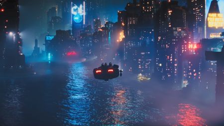 Blade Runner 2099 screenshot showing a flying car in a cyberpunk city.