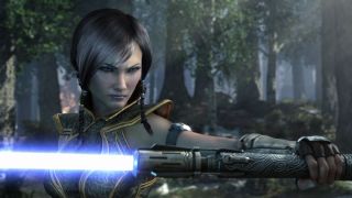 Still from a Star Wars video game. Here we see a female Jedi with short, light brown hair. She has 2 braids on either side of her face. She is holding a lightsaber level in front of her, ready for a fight.