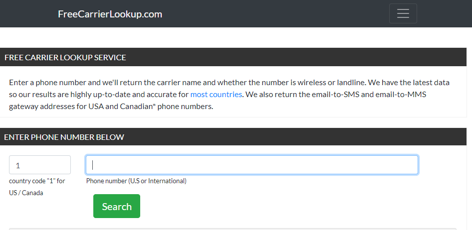 لقطة شاشة لموقع FreeCarrierLookup.com
