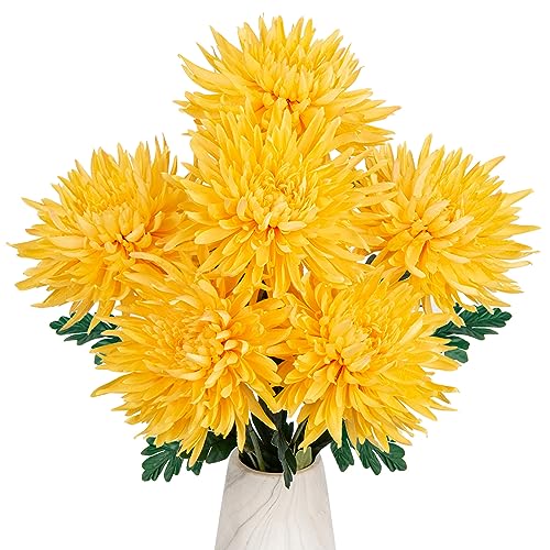 Hollyone 6pcs Yellow Artificial Mums Flowers Large Faux Chrysanthemum Flowers Silk Flower 25.6" Long Stem Spider Mum Flower Spring Summer Floral Arrangements Bouquets Fake Pincushion for Home Decor