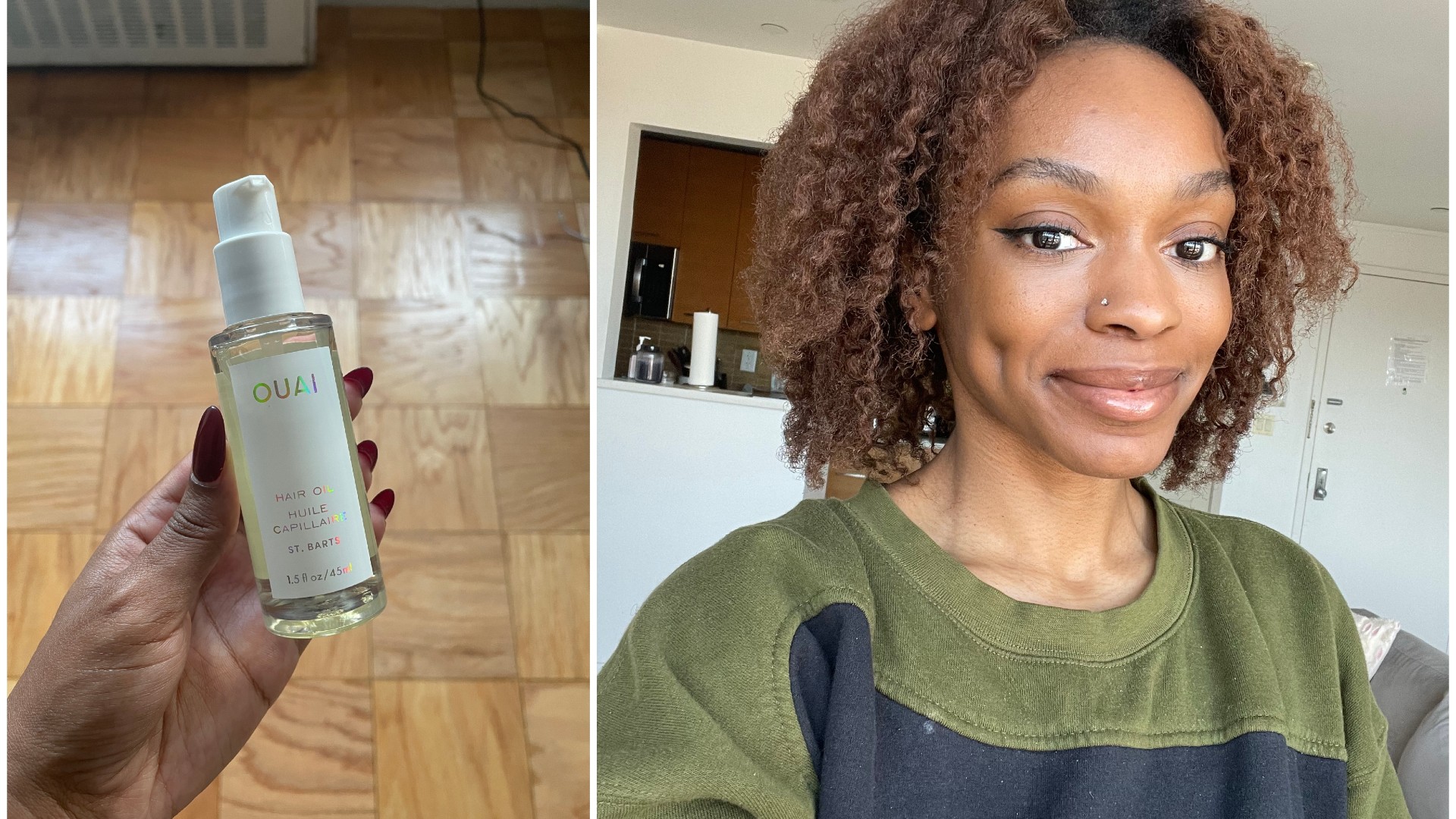 a side by side of a selfie and a person holding a bottle of hair oil