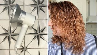 A shot of the Zuvi hair drier alongside a shot of Senior Beauty Editor Rhiannon Derbyshire's hair after using it