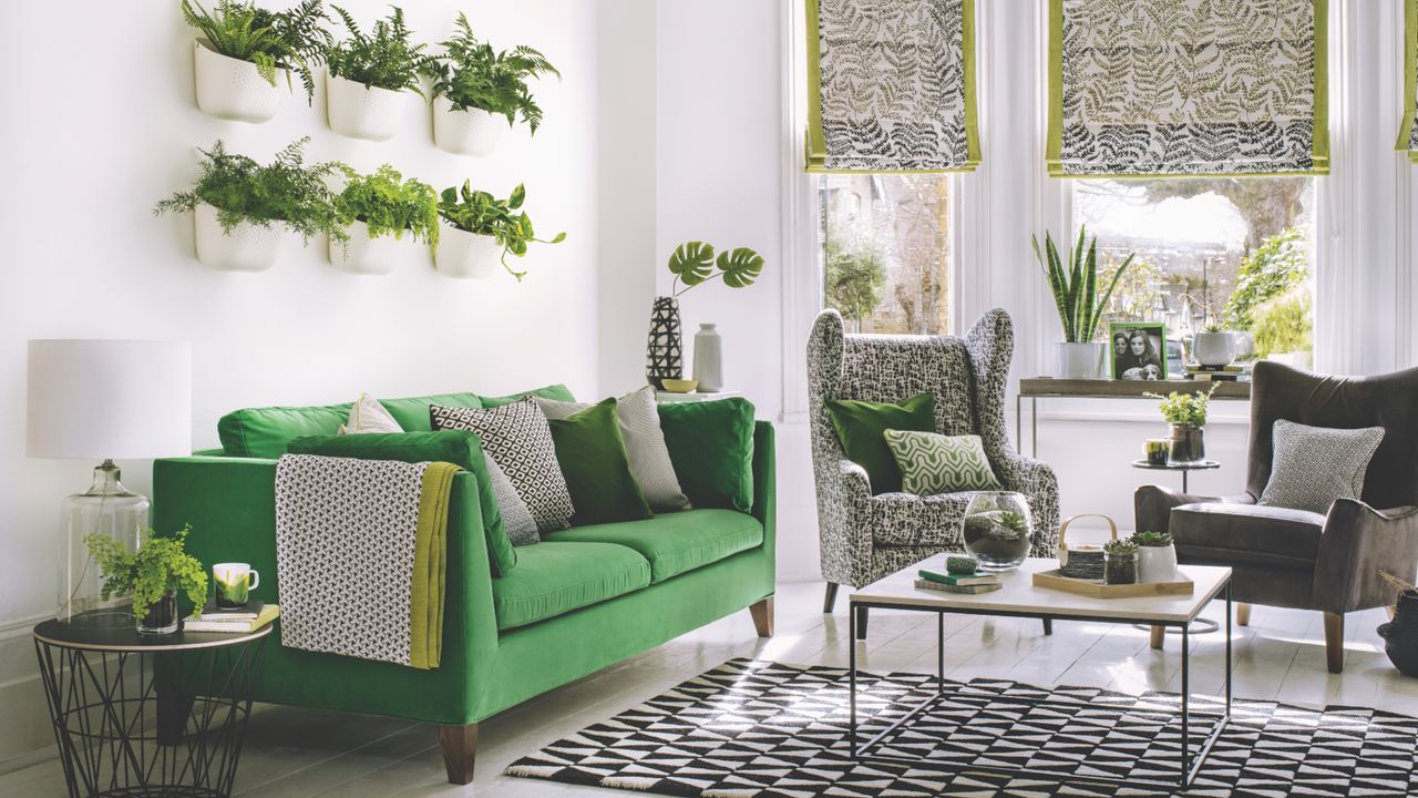 white living room with green sofa, black and white rug, armchairs, plants in wall mounted pots, monochromatic fern blinds with green trim, bay window, coffee table, console in window, cushions, side tables