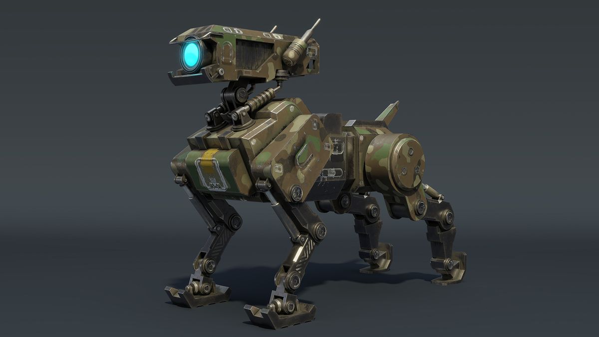 A 3D rendering of a military robot dog