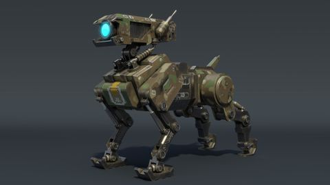 A 3D rendering of a military robot dog